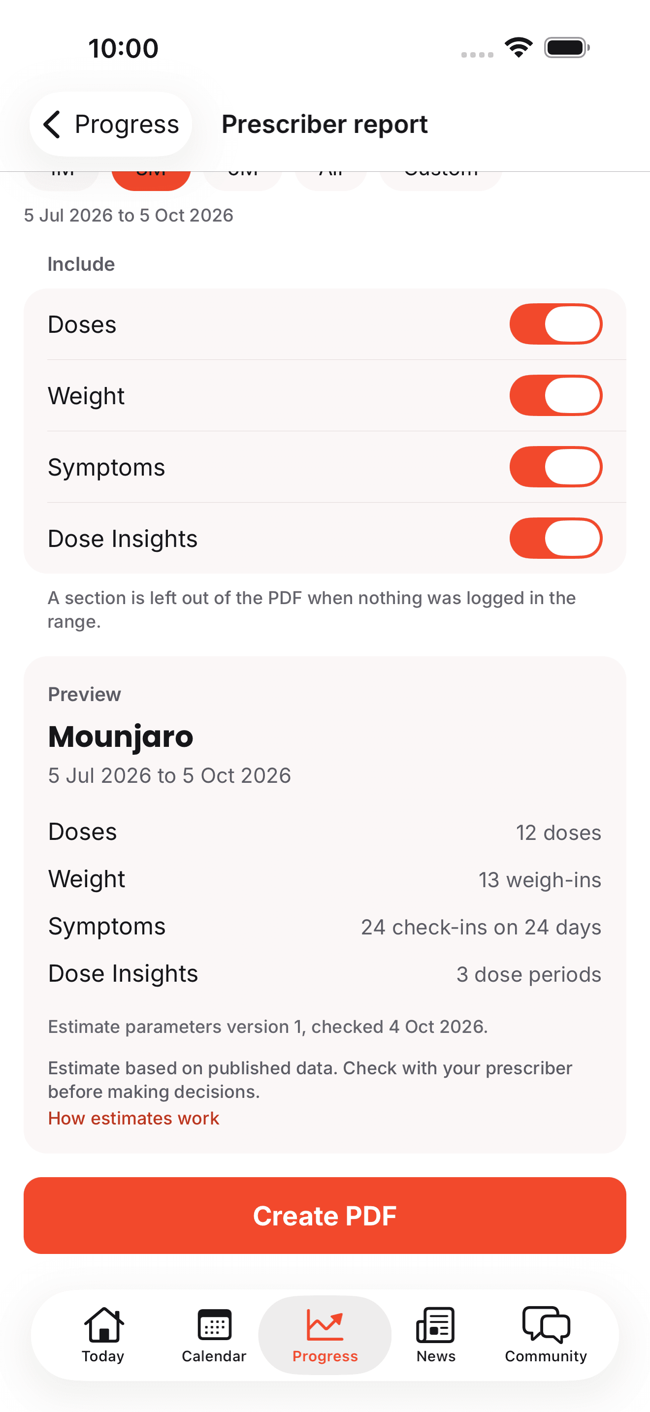 The in-app preview of the prescriber PDF, a summary of logged doses, weight and symptoms.
